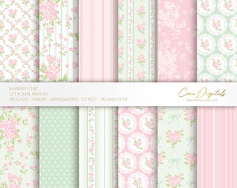 Shabby chic digital paper, mint green and pink seamless floral pattern, vintage flowers, 12 digital paper pack, INSTANT DOWNLOAD