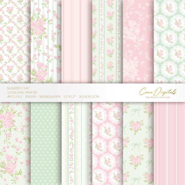 Shabby chic digital paper, mint green and pink seamless floral pattern, vintage flowers, 12 digital paper pack, INSTANT DOWNLOAD