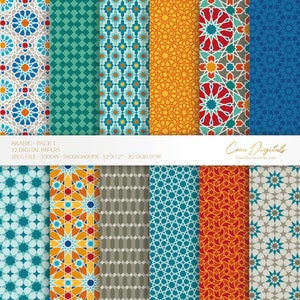 Motif arabe, pack de 12 papiers numériques colorés 1, motif marocain sans couture, pack géométrique islamique, fond eid, TÉLÉCHARGEMENT IMMÉDIAT