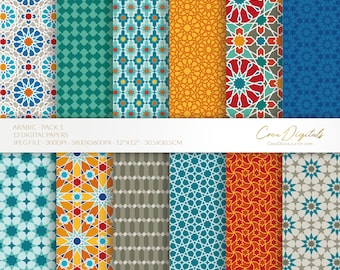 Arabic pattern, colorful 12 digital paper pack 1, seamless moroccan pattern, islamic geometric pack, eid background, INSTANT DOWNLOAD