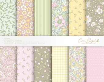 May include: Twelve digital paper designs featuring floral patterns in shades of pink, yellow, and green. The patterns include small flowers, large flowers, stripes, gingham, and polka dots. The papers are 12 inches by 12 inches and 300 DPI.