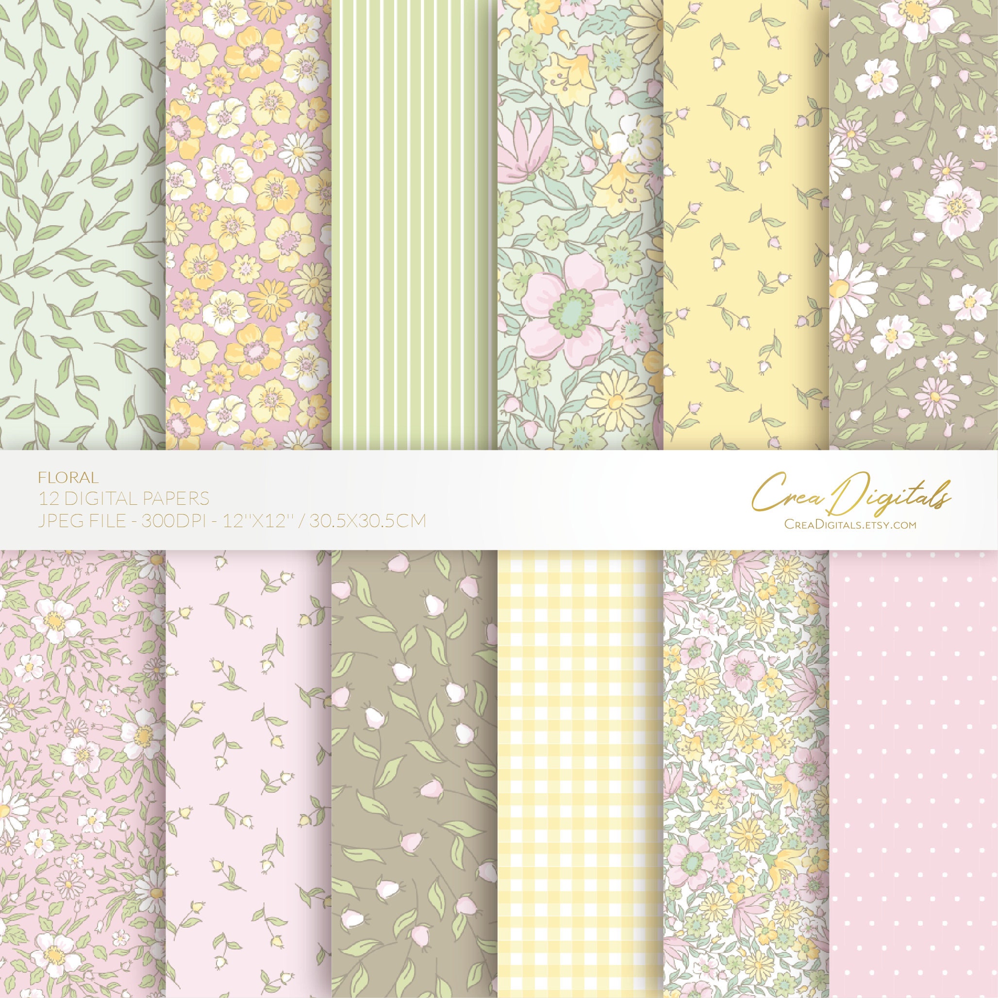 Floral Digital Paper, Green, Yellow and Pink Seamless Pattern, Ditsy ...