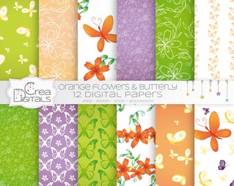 Butterfly & flowers - 12 orange digital papers - INSTANT DOWNLOAD