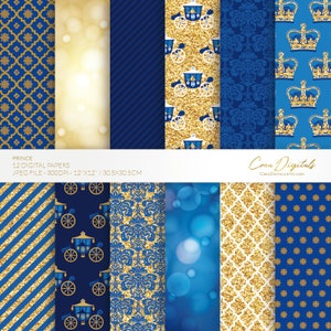 Little prince, 12 navy blue and gold digital papers, INSTANT DOWNLOAD
