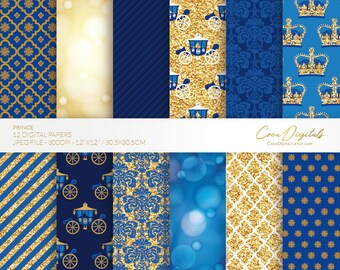 Little prince, 12 navy blue and gold digital papers, INSTANT DOWNLOAD