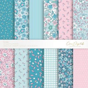 Papel digital floral, patrón transparente azul, agua y rosa, flores ditsy, paquete de 12 papeles digitales, DESCARGA INSTANTÁNEA