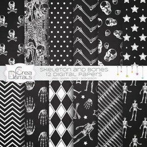 May include: A collection of 12 digital papers with a Halloween theme. The papers feature various patterns, including skulls, skeletons, bones, polka dots, stars, and chevrons, all in black and white. The papers are 12x12 inches.