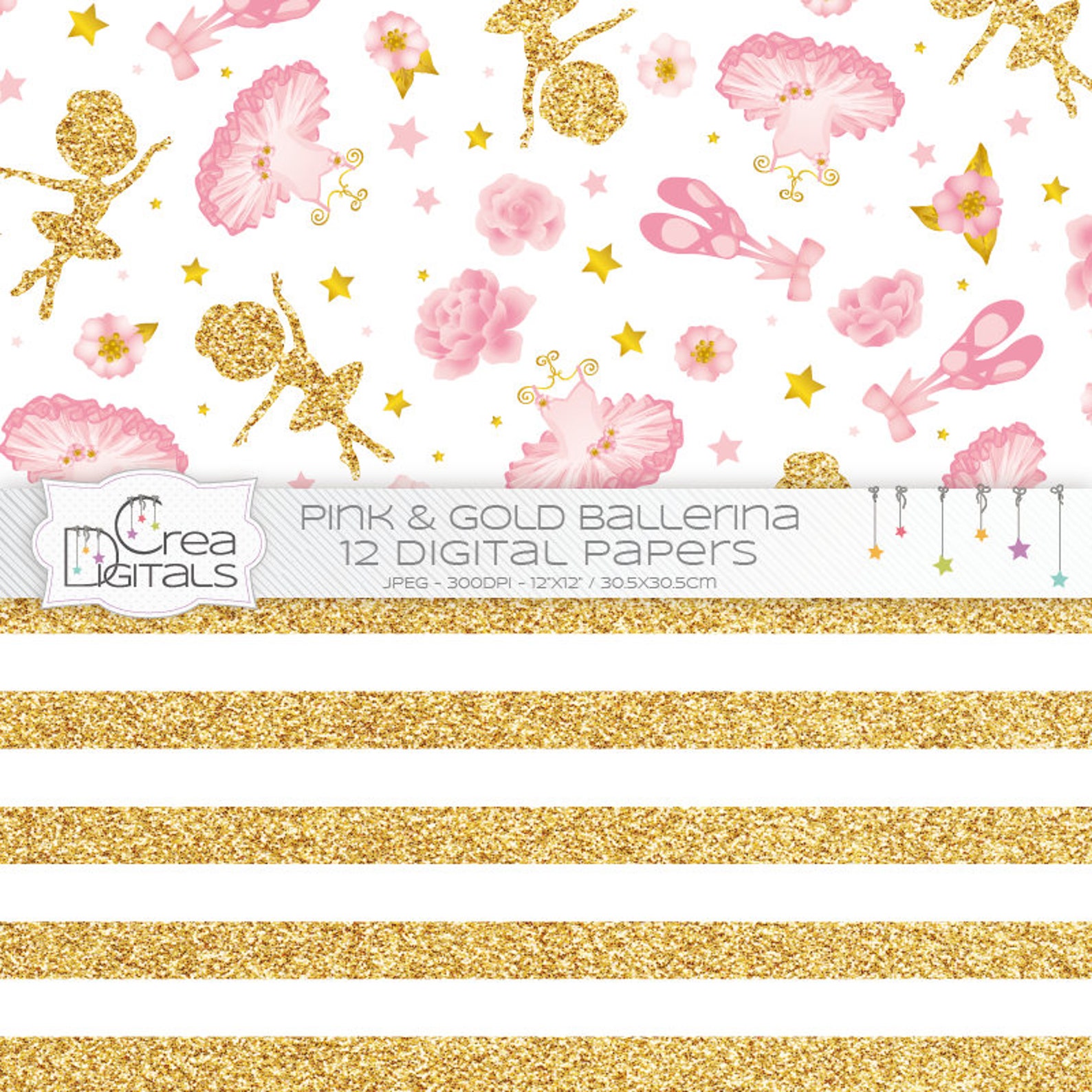 ballerina - 12 pink and gold digital papers - ballet and tutu printables - direct download