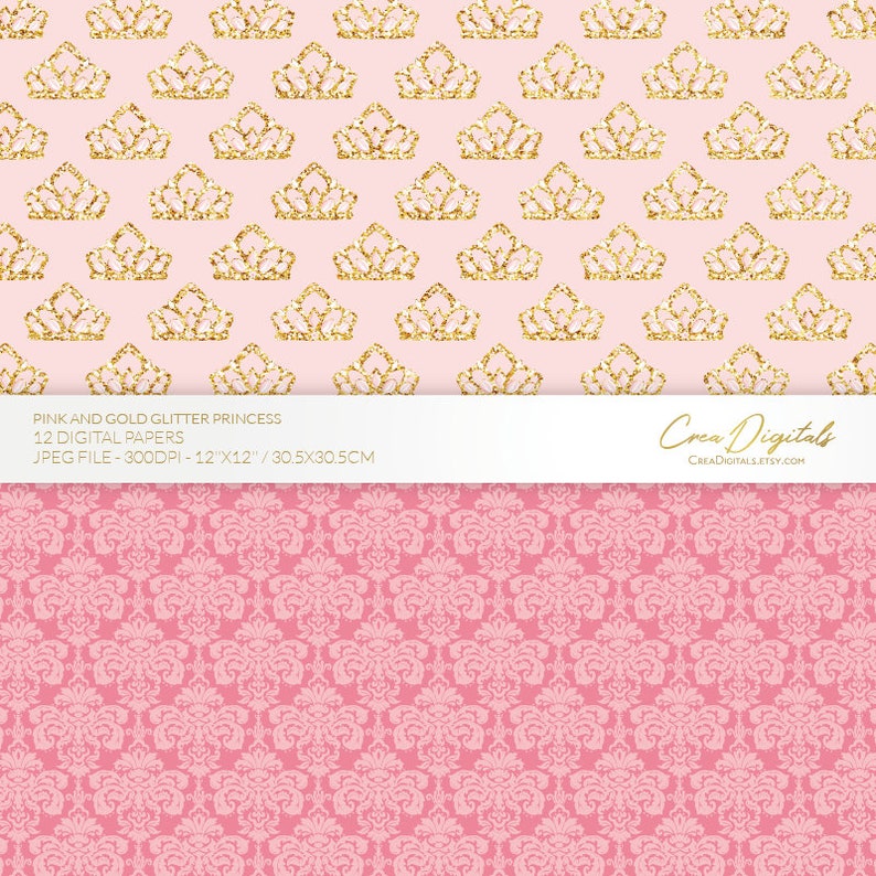 Glitter Fairy Princess, 12 pink and gold digital papers, INSTANT DOWNLOAD image 3