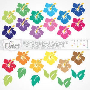 Flores e folhas brilhantes de hibisco havaiano, 24 cliparts digitais, DOWNLOAD INSTANTÂNEO
