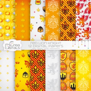 Lion knight, 12 red and yellow digital papers, INSTANT DOWNLOAD