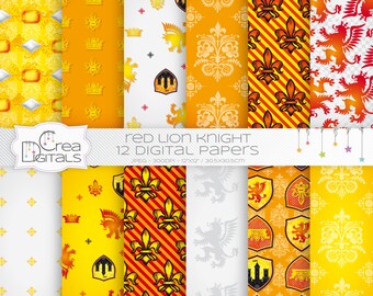 Lion knight, 12 red and yellow digital papers, INSTANT DOWNLOAD