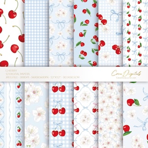 Papel digital de cereza, patrón floral sin costuras en azul bebé y rojo, lazos, papel de fruta, flor de cerezo, paquete de 12 papeles digitales, DESCARGA INSTANTÁNEA