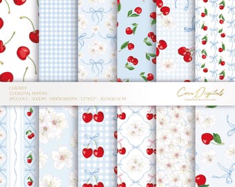 Cherry digital paper, baby blue and red seamless floral pattern, bows, fruit paper, cherry blossom , 12 digital paper pack, INSTANT DOWNLOAD