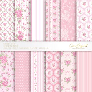 Shabby chic digitaal papier, roze naadloos bloemmotief, vintage bloemen, 12 digitale papieren verpakkingen, INSTANT DOWNLOAD
