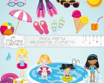 May include: A set of 46 digital clipart images for pool parties. The images include a swimming pool, children swimming, pool toys, flip flops, sunglasses, ice cream, a beach umbrella, a beach ball, a glass of juice, and a sun.