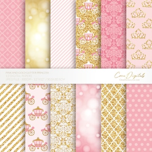 Glitter Fairy Princess, 12 papeles digitales rosas y dorados, DESCARGA INSTANTE
