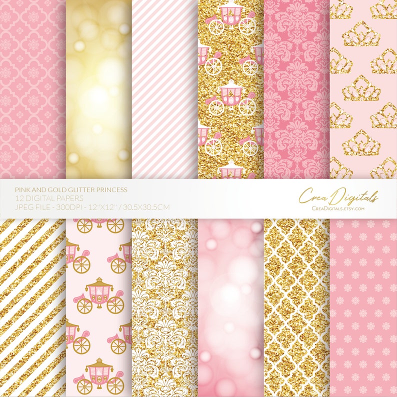 Glitter Fairy Princess, 12 pink and gold digital papers, INSTANT DOWNLOAD image 1