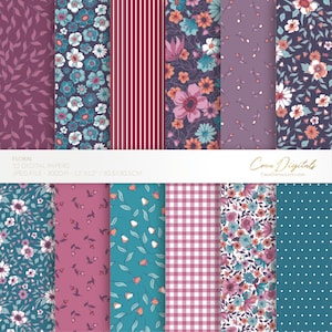 Digitales Papier mit Blumenmuster, türkises, violettes und oranges nahtloses Muster, 12 digitale Papierpackungen, SOFORT-DOWNLOAD