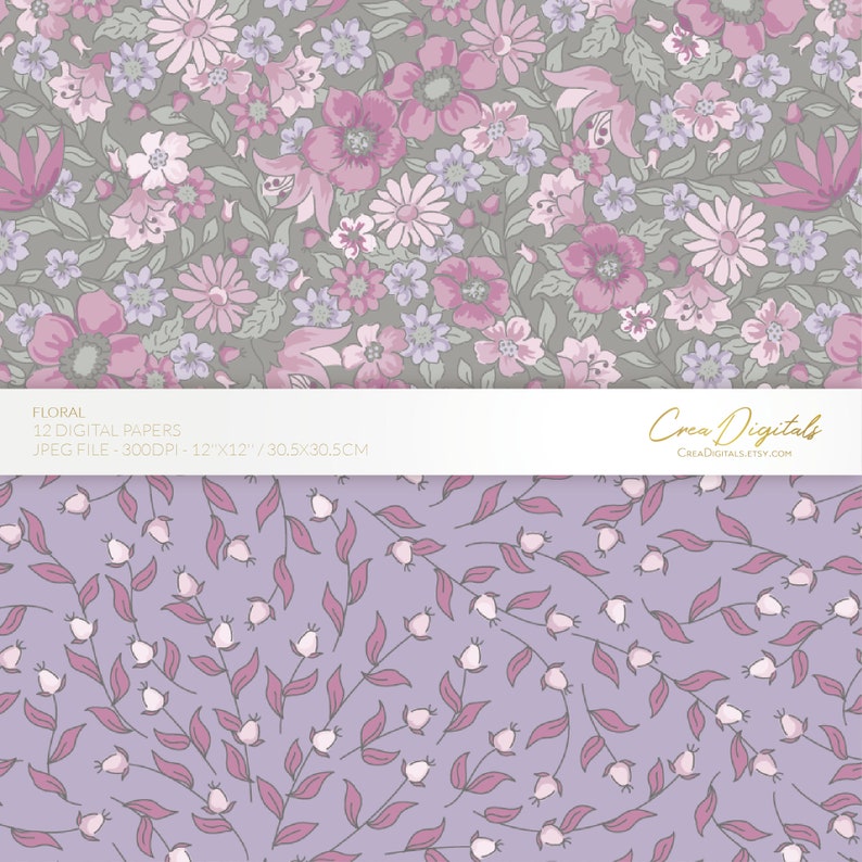 Floral Digital Paper, Lavender and Grey Seamless Pattern, Ditsy Flowers ...