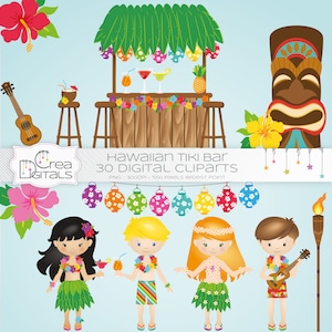 Puede incluir: Un conjunto de 30 imágenes de clip art digitales con un tema de bar tiki hawaiano. El conjunto incluye un bar tiki, un ídolo tiki, un ukelele, una bailarina de hula, un niño con un collar de flores, una niña con un collar de flores y un conjunto de linternas de colores.