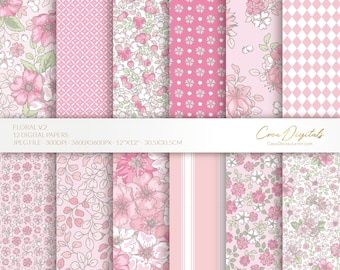 Floral digital paper, pink seamless pattern, ditsy flowers, 12 digital paper pack volume 2, INSTANT DOWNLOAD
