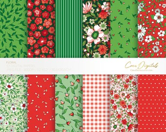 Floral digital paper, red and green seamless pattern, ditsy flowers, 12 digital paper pack, INSTANT DOWNLOAD