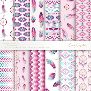 Carta digitale Dreamcatcher, modello senza cuciture tribale rosa e viola, boho e piume, pacchetto di 12 carte digitali, DOWNLOAD IMMEDIATO