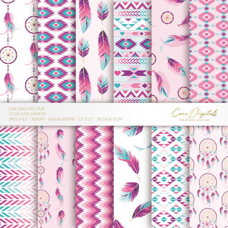 Dreamcatcher Digital Paper, Pink and Purple Tribal Seamless Pattern ...