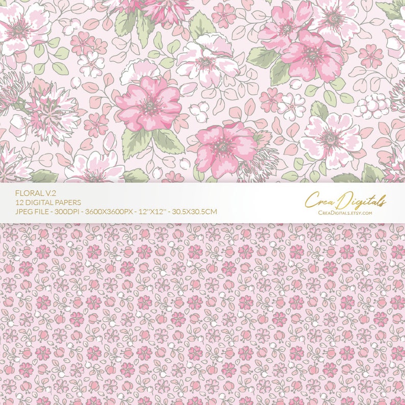 Floral Digital Paper, Pink Seamless Pattern, Ditsy Flowers, 12 Digital ...
