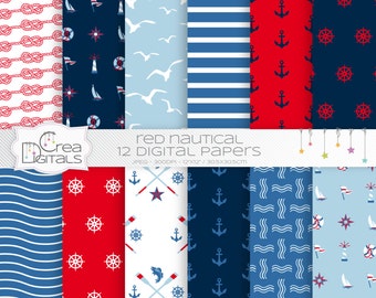 Red, sky and navy nautical, 12 digital papers, DIRECT DOWNLOAD