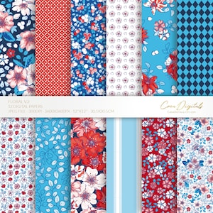 Papel digital floral, padrão sem costura vermelho e azul, flores elegantes, 12 pacotes de papel digital volume 2, DOWNLOAD INSTANTÂNEO