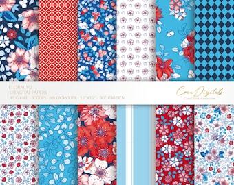 May include: Twelve digital papers featuring floral patterns in red, white, and blue. The patterns include small and large flowers, stripes, and geometric designs. The papers are 12 inches by 12 inches and 30.5 centimeters by 30.5 centimeters.