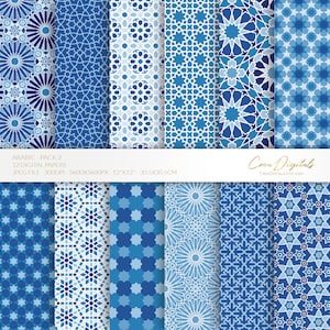 Motif arabe, pack de 12 papiers numériques bleus 2, motif marocain sans couture, pack géométrique islamique, fond eid, TÉLÉCHARGEMENT IMMÉDIAT