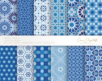 Puede incluir: Una colección de doce papeles digitales con intrincados patrones geométricos en tonos azules. Los papeles presentan varios diseños, incluyendo explosiones de estrellas, motivos florales y arreglos tipo mosaico. Los papeles miden 30.5cm x 30.5cm. El texto "ARABIC - PACK 2" y "12 DIGITAL PAPERS" es visible.