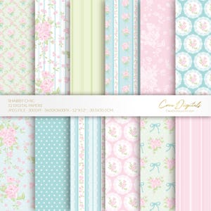 Papel digital Shabby Chic, estampado floral transparente en turquesa y rosa, flores vintage, paquete de 12 papeles digitales, DESCARGA INSTANTÁNEA