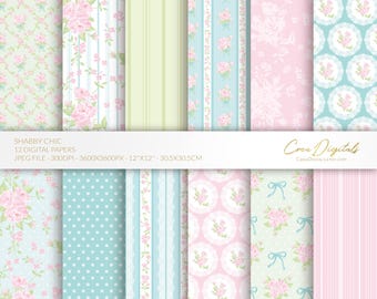 Shabby chic digital paper, turquoise and pink seamless floral pattern, vintage flowers, 12 digital paper pack, INSTANT DOWNLOAD