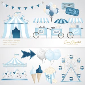 Carnaval/circo en azul bebé y azul marino, 16 cliparts digitales, DESCARGA INSTANTÁNEA