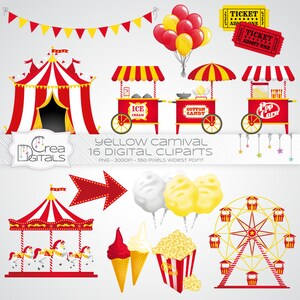 Geel carnaval/circus, 16 digitale cliparts, INSTANT DOWNLOAD