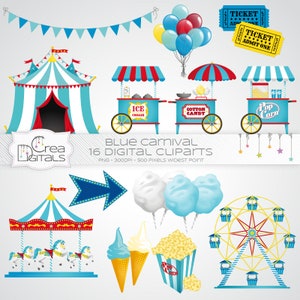 Blue, turquoise, yellow and red carnival / circus, 16 digital cliparts, INSTANT DOWNLOAD