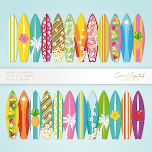 Pranchas de surfe havaianas de verão 24 cliparts, praia e mar, DOWNLOAD INSTANTÂNEO