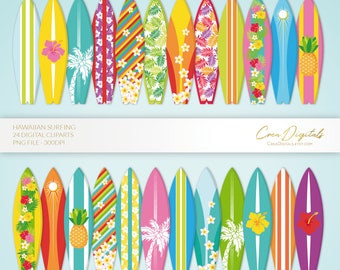 Hawaiian Summer Surfboards 24 cliparts, beach and sea, INSTANT DOWNLOAD