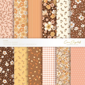 Digitaal bloemenpapier, bruin, oranje en roze naadloos patroon, ditsy bloemen, 12 digitale papieren pakken, INSTANT DOWNLOAD