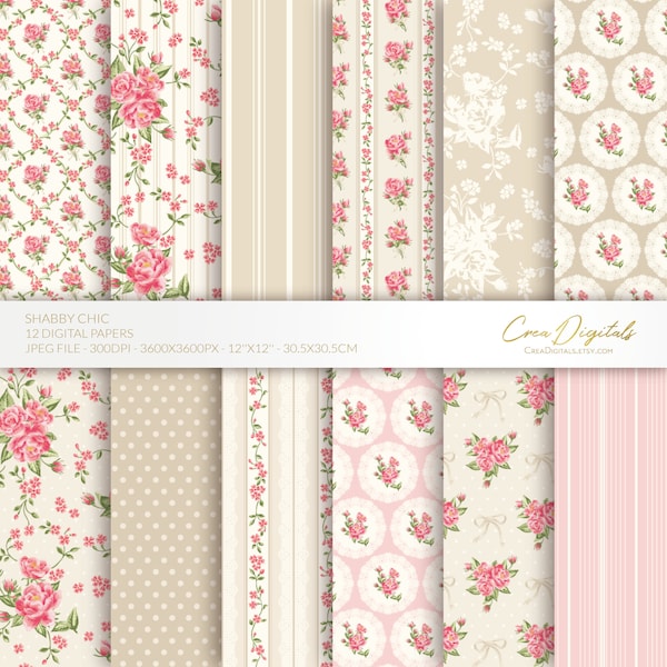 Shabby chic digital paper, beige and coral seamless floral pattern, vintage flowers, 12 digital paper pack, INSTANT DOWNLOAD
