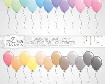 Peut inclure: Ensemble de 24 images numériques de ballons de baudruche de couleur pastel. Chaque ballon est attaché à une ficelle. Les ballons sont dans différentes nuances de rose, bleu, vert, jaune, orange, marron et gris.