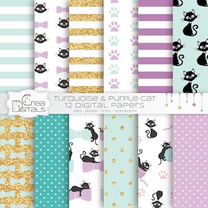 Papier numérique chat, motif Kitty, chaton turquoise, violet et or, motif animaux de compagnie, paquet de 12 papiers numériques, TÉLÉCHARGEMENT IMMÉDIAT