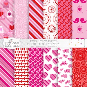 Red love birds 12 digital papers for Valentines day