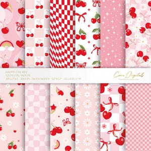 Puede incluir: Una colección de 12 papeles digitales con patrones de cerezas y lazos en tonos rojos y rosas. Los diseños incluyen cuadros, lunares y motivos florales. El texto "HAPPY CHERRY" y las dimensiones (30.5cm x 30.5cm) son visibles.