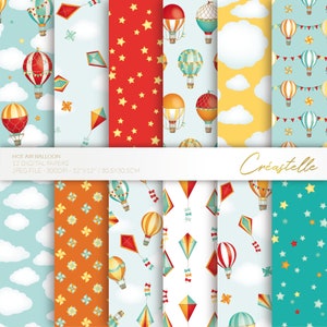 May include: A set of 12 digital papers featuring hot air balloons, kites, stars, and clouds in a variety of colors. The papers are 12 inches by 12 inches and 300 DPI.  HOT AIR BALLOON 12 DIGITAL PAPERS JPEG FILE - 300DPI - 12"X12" / 30.5X30.5CM Créastelle