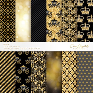 Little prince, 12 black and gold digital papers, INSTANT DOWNLOAD